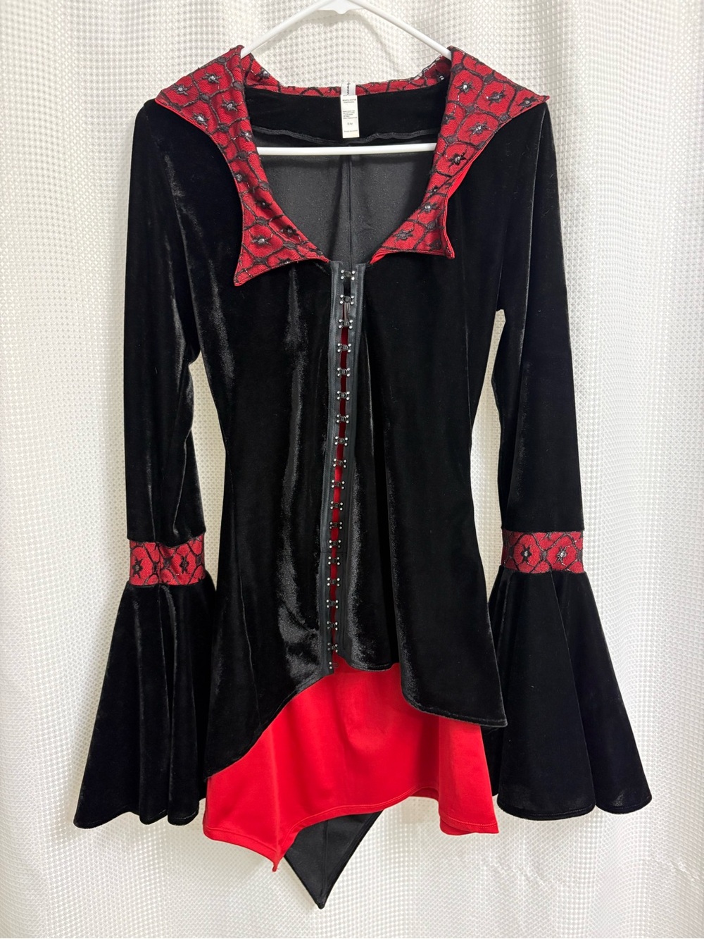 Black Velvet Gothic-Style Dress with Red Accents. Vampire Costume.